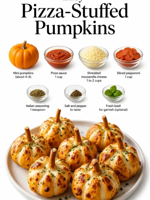 Delicious pizza-stuffed pumpkins filled with cheese and toppings.