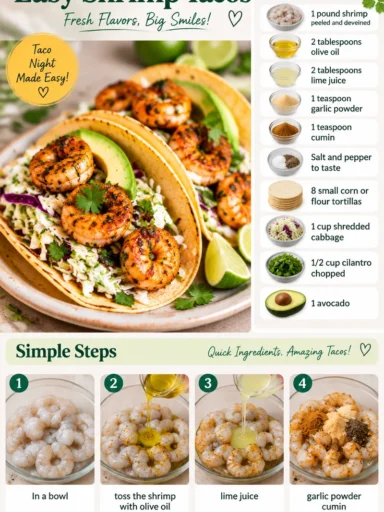 Delicious easy shrimp tacos served on a wooden plate with fresh toppings