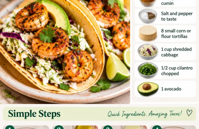 Delicious easy shrimp tacos served on a wooden plate with fresh toppings