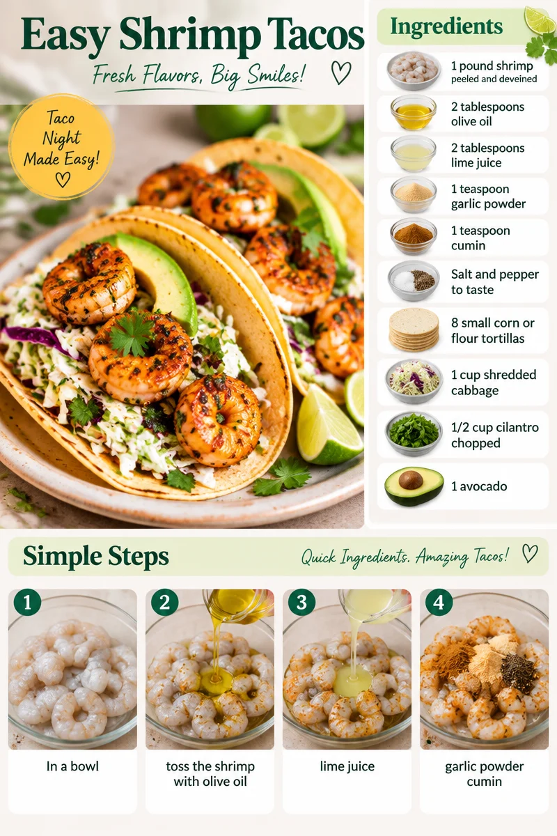 Delicious easy shrimp tacos served on a wooden plate with fresh toppings