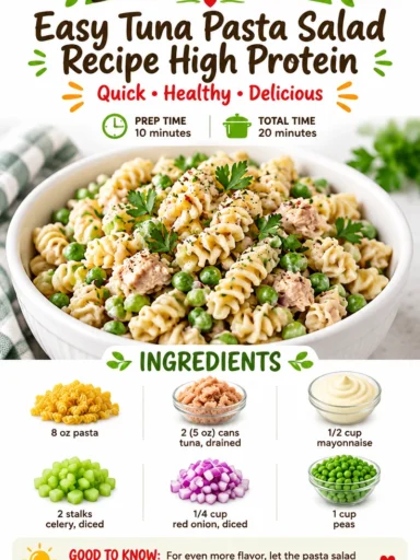 Bowl of easy high protein tuna pasta salad with fresh vegetables