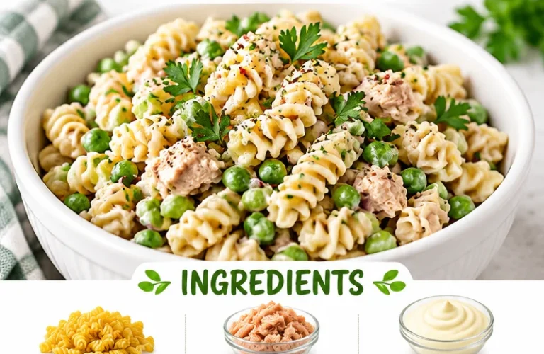 Bowl of easy high protein tuna pasta salad with fresh vegetables