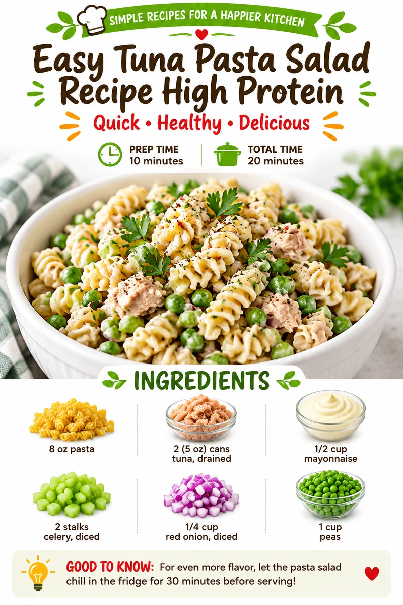 Bowl of easy high protein tuna pasta salad with fresh vegetables