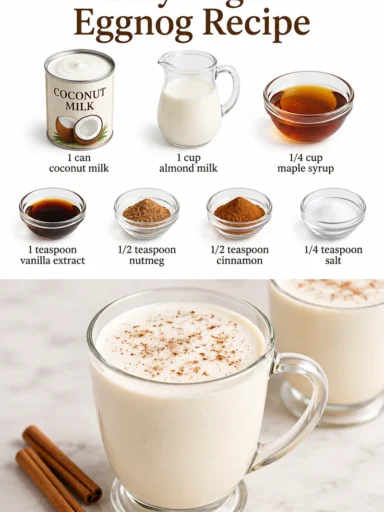 A glass of creamy vegan eggnog topped with nutmeg and a cinnamon stick