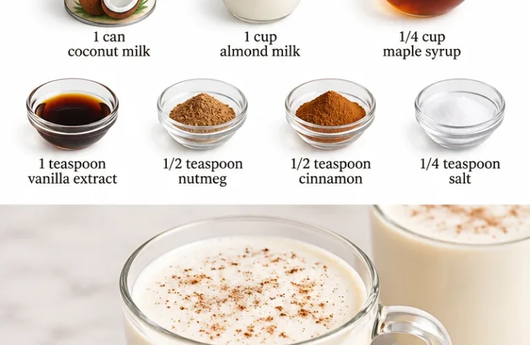 A glass of creamy vegan eggnog topped with nutmeg and a cinnamon stick