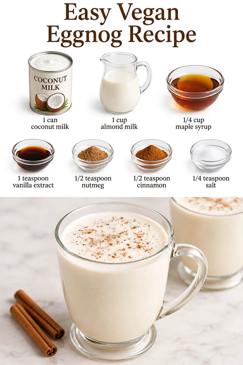 A glass of creamy vegan eggnog topped with nutmeg and a cinnamon stick