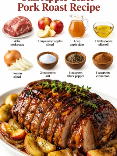 Fall apple cider pork roast served with vegetables on a plate.