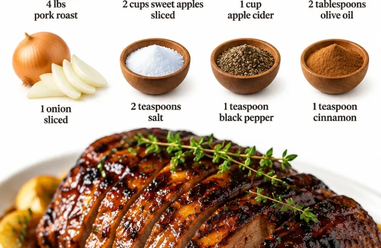 Fall apple cider pork roast served with vegetables on a plate.