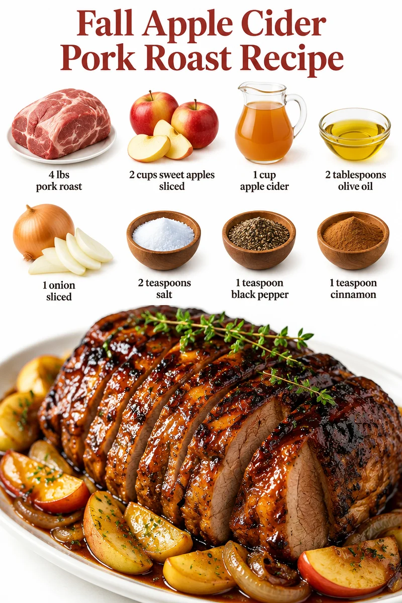 Fall apple cider pork roast served with vegetables on a plate.