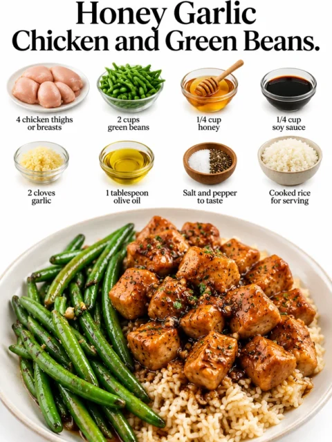 Honey garlic chicken served with green beans on a dinner plate