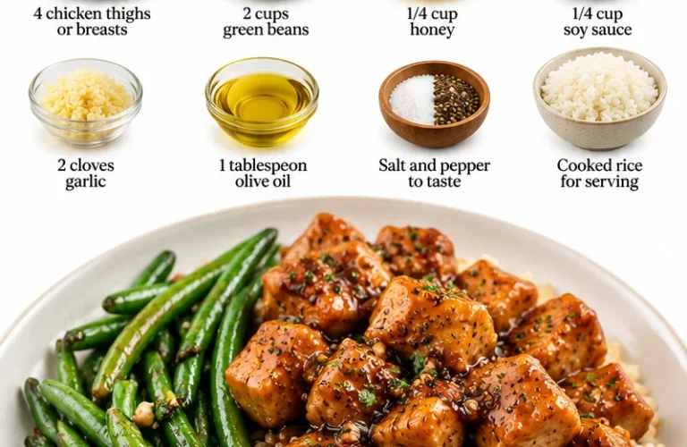 Honey garlic chicken served with green beans on a dinner plate