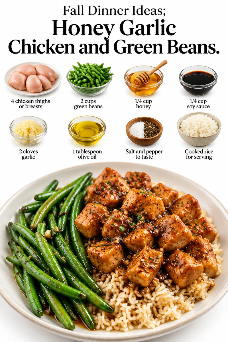 Honey garlic chicken served with green beans on a dinner plate