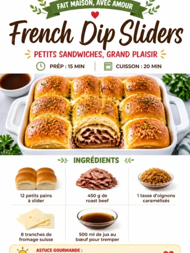 Delicious French Dip Sliders served with au jus for dipping