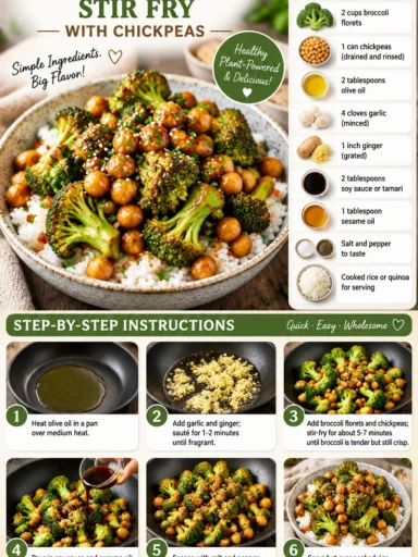 Delicious garlic broccoli stir fry with chickpeas served in a bowl.