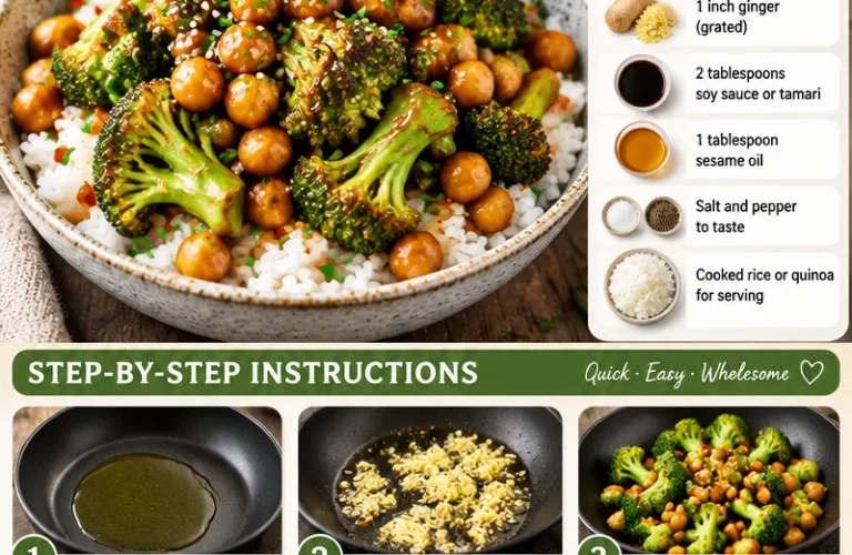 Delicious garlic broccoli stir fry with chickpeas served in a bowl.