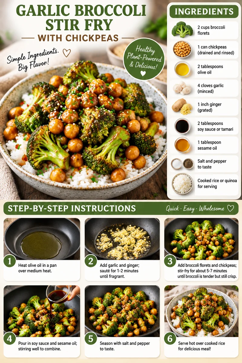 Delicious garlic broccoli stir fry with chickpeas served in a bowl.