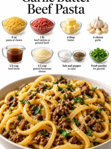 Delicious Garlic Butter Beef Pasta served in a bowl with herbs and cheese garnish.