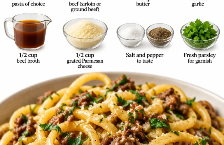 Delicious Garlic Butter Beef Pasta served in a bowl with herbs and cheese garnish.
