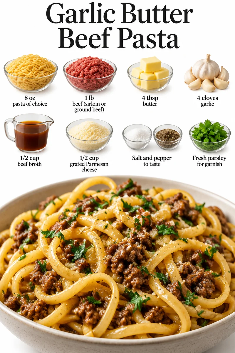 Delicious Garlic Butter Beef Pasta served in a bowl with herbs and cheese garnish.