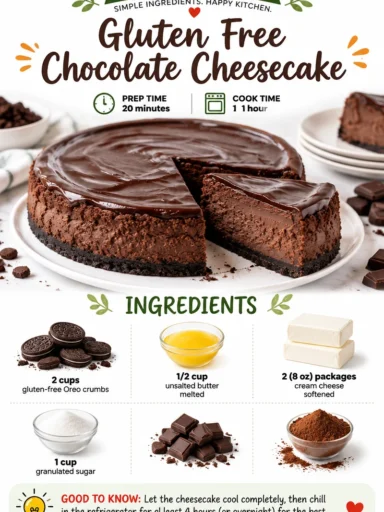 Delicious gluten-free chocolate cheesecake topped with chocolate garnish