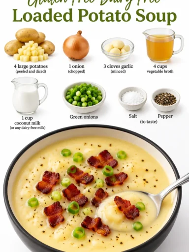 Bowl of gluten free dairy free loaded potato soup topped with chives and bacon