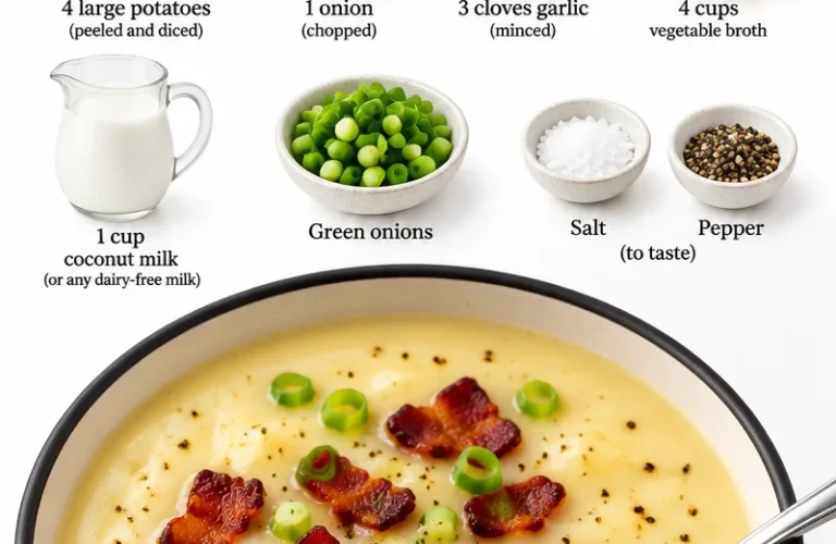 Bowl of gluten free dairy free loaded potato soup topped with chives and bacon