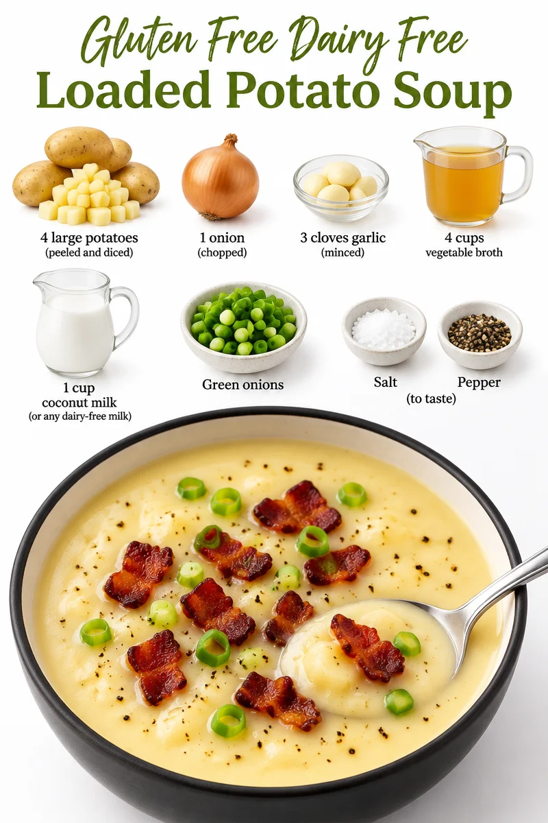 Bowl of gluten free dairy free loaded potato soup topped with chives and bacon