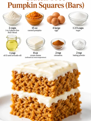 Delicious gluten-free pumpkin squares topped with cream cheese frosting.