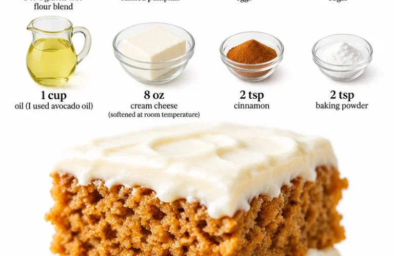 Delicious gluten-free pumpkin squares topped with cream cheese frosting.