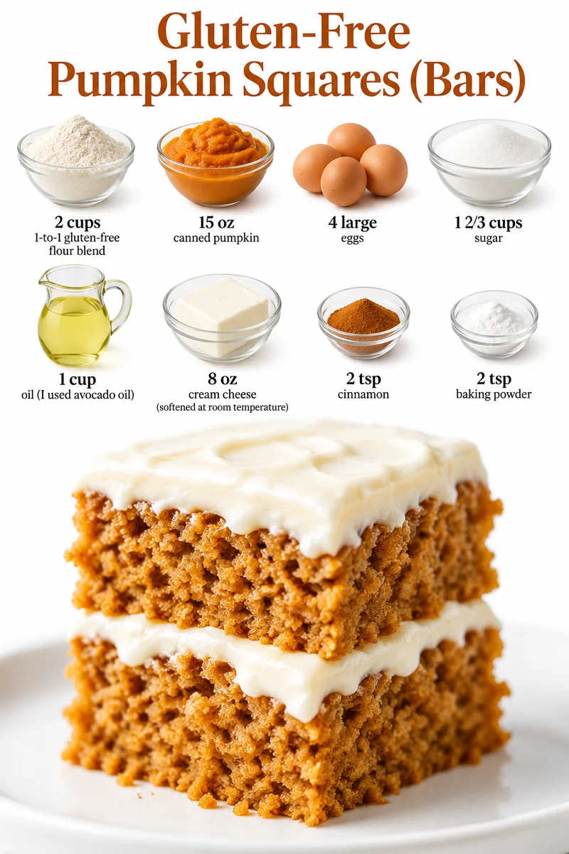 Delicious gluten-free pumpkin squares topped with cream cheese frosting.