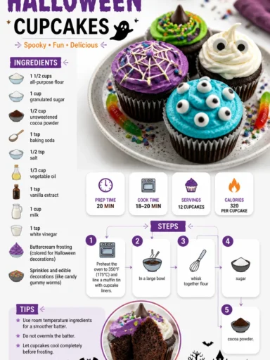 Spooky Halloween cupcakes with colorful frosting and festive decorations