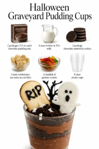 Halloween Graveyard Pudding Cups decorated with chocolate and gummy worms