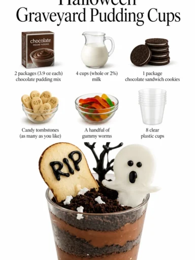 Halloween Graveyard Pudding Cups decorated with chocolate and gummy worms