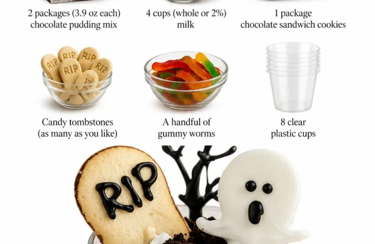 Halloween Graveyard Pudding Cups decorated with chocolate and gummy worms