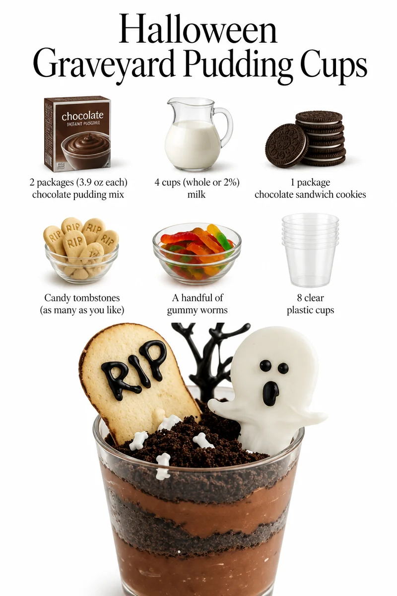Halloween Graveyard Pudding Cups decorated with chocolate and gummy worms