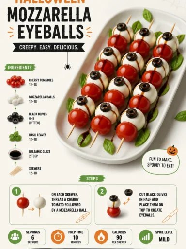 Halloween mozzarella eyeballs served on a platter with spooky decoration