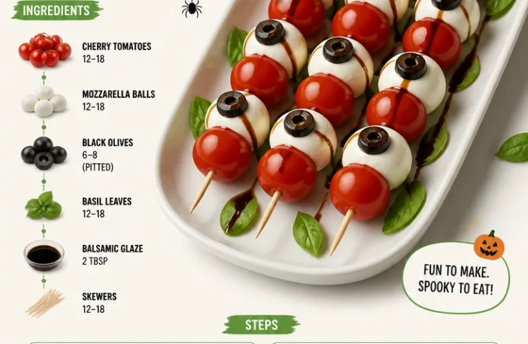 Halloween mozzarella eyeballs served on a platter with spooky decoration