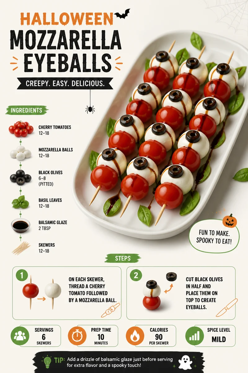 Halloween mozzarella eyeballs served on a platter with spooky decoration