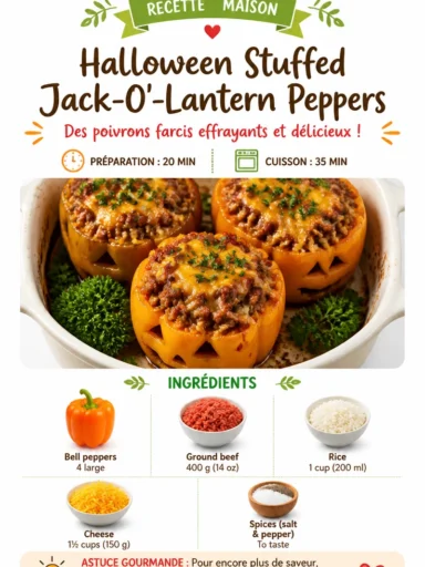 Colorful Halloween stuffed Jack-O'-Lantern Peppers filled with savory ingredients