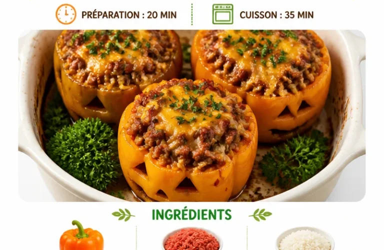 Colorful Halloween stuffed Jack-O'-Lantern Peppers filled with savory ingredients