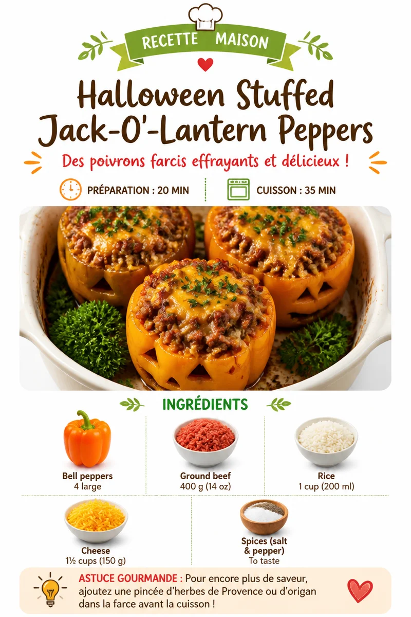 Colorful Halloween stuffed Jack-O'-Lantern Peppers filled with savory ingredients