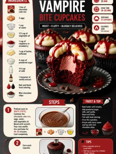 Halloween vampire bite cupcakes with red icing and fang decorations
