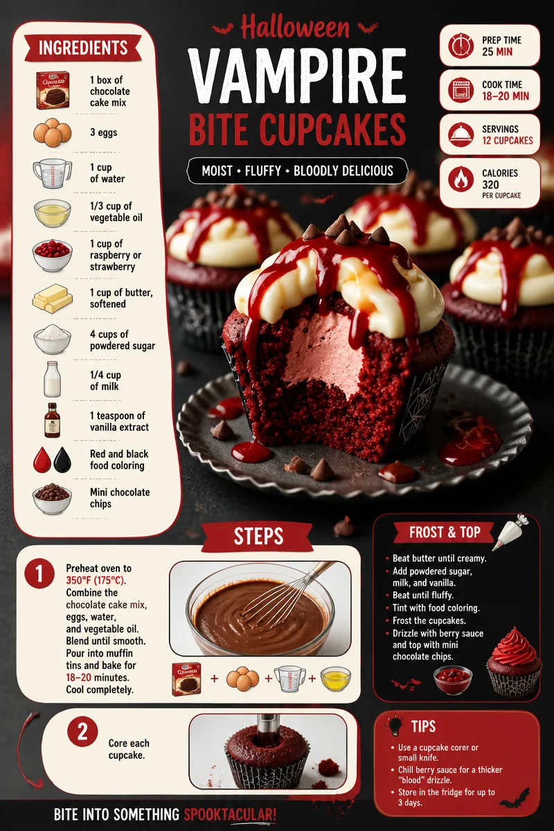 Halloween vampire bite cupcakes with red icing and fang decorations