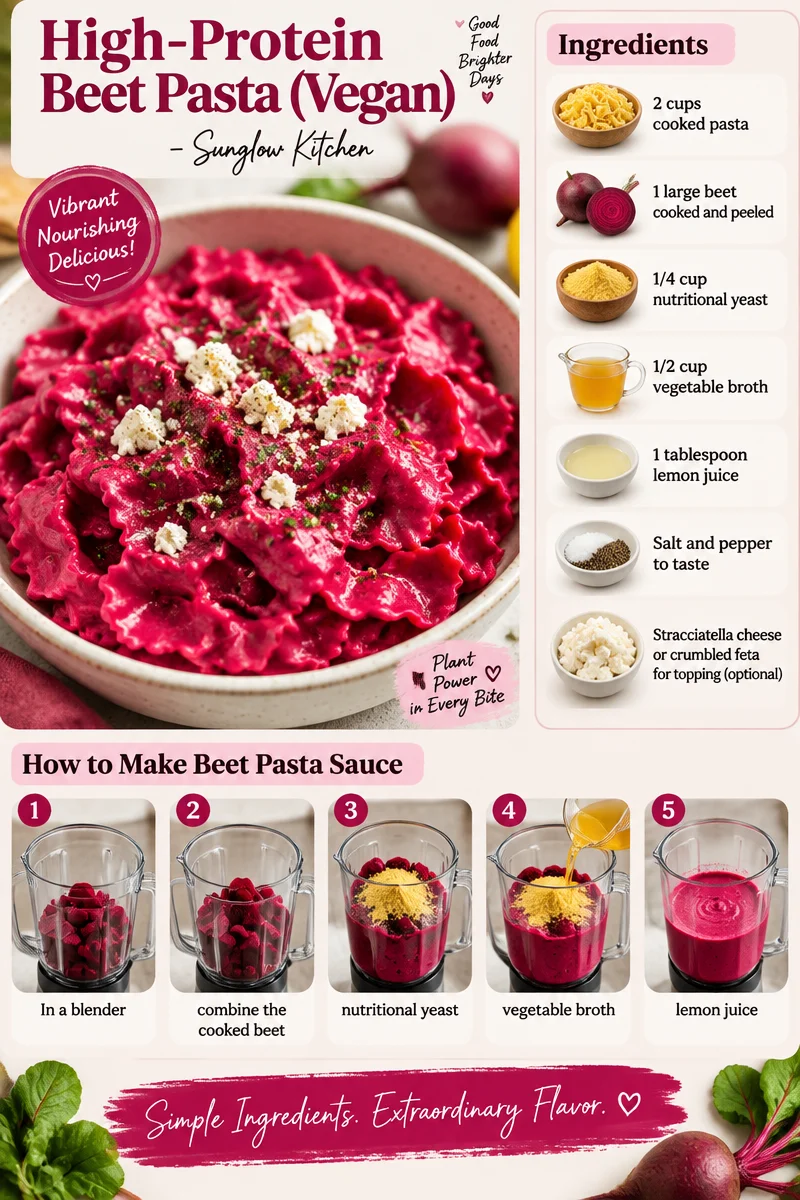 High-Protein Vegan Beet Pasta served in a bowl with fresh herbs