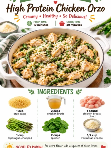 High protein chicken orzo dish garnished with fresh herbs