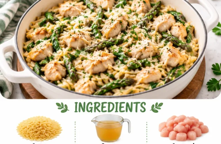 High protein chicken orzo dish garnished with fresh herbs