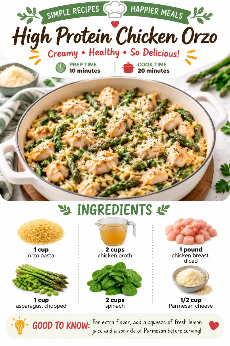 High protein chicken orzo dish garnished with fresh herbs