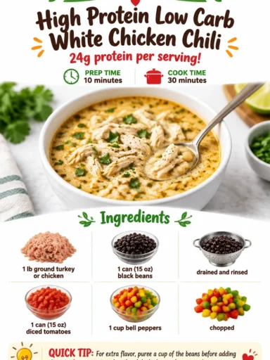 Bowl of high protein low carb white chicken chili garnished with cilantro
