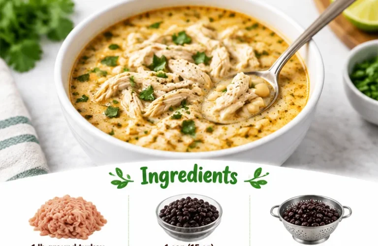 Bowl of high protein low carb white chicken chili garnished with cilantro
