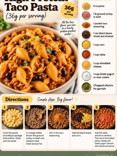 High protein taco pasta dish garnished with fresh ingredients